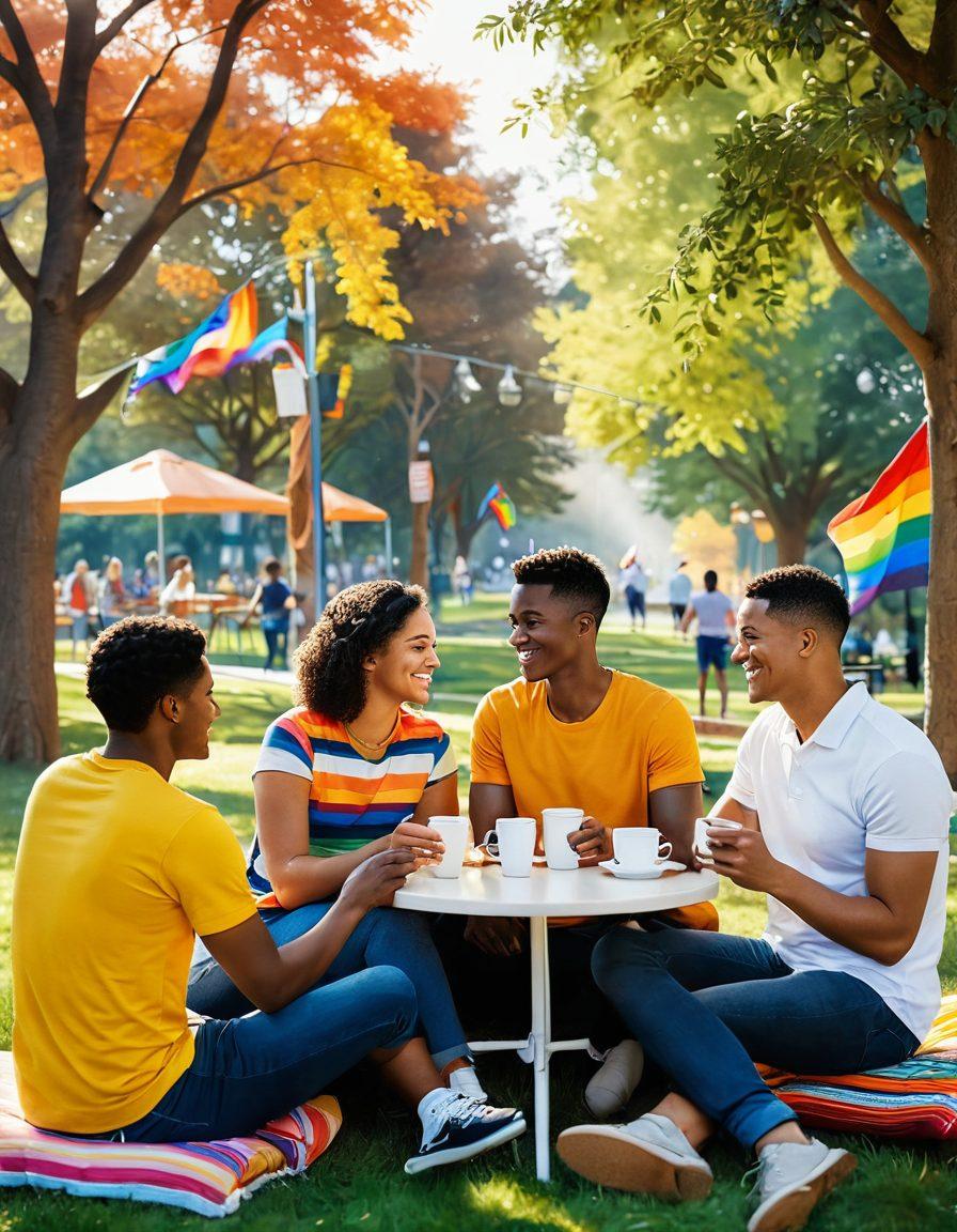 A warm and vibrant scene depicting a diverse group of same-sex couples engaged in supportive activities like chatting over coffee, sharing books, or holding hands in a park. Incorporate symbols of love and support, such as rainbow flags subtly blended into the background. The atmosphere should evoke feelings of connection, community, and acceptance. Illustrate a cozy, inviting environment bathed in soft, warm light. super-realistic. vibrant colors. outdoor setting.