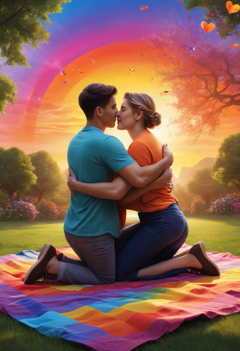 A colorful, heart-filled scene depicting two same-sex couples embracing in a park, surrounded by rainbow flags, flowers, and symbols of love. The background shows a vibrant sunset sky casting a warm glow on their joyful expressions, emphasizing connection, support, and celebration. Include books and resources on a picnic blanket, symbolizing knowledge and growth. vibrant colors. super-realistic. romantic atmosphere.