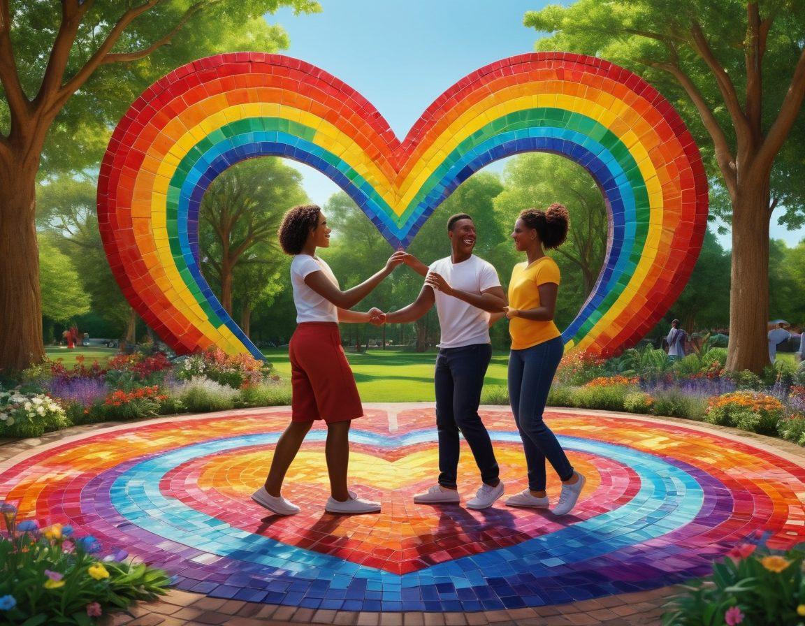 A colorful mosaic featuring diverse couples from the LGBTQ+ community engaged in joyful activities like dancing, cooking, and painting together in a lush park setting. Vibrant rainbow colors dominate the image, symbolizing unity and love. Include elements like heart shapes, flowers, and interconnected hands to represent partnership and support. The scene should feel warm and inviting, promoting a sense of community and acceptance. super-realistic. vibrant colors. 3D.